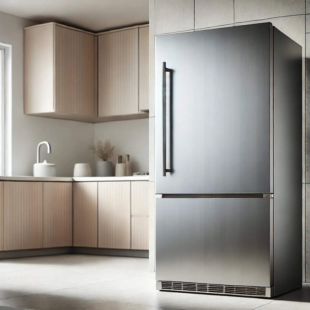 DALL·E 2024 12 02 13.34.55 A modern single door refrigerator with a sleek stainless steel finish standing in a contemporary kitchen setting. The refrigerator has a smooth exte